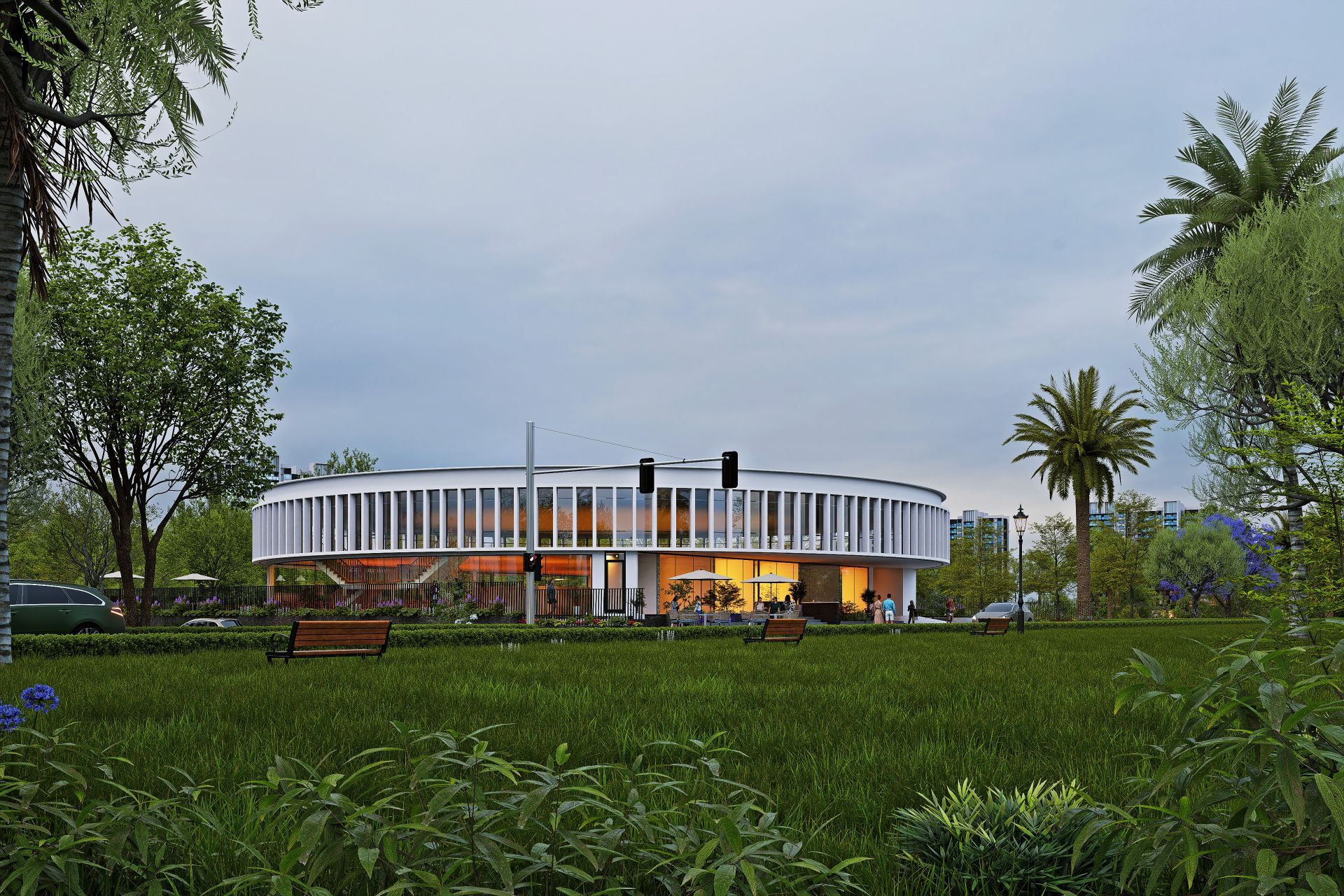 Modern commercial building architectural visualization - Contemporary retail space design.